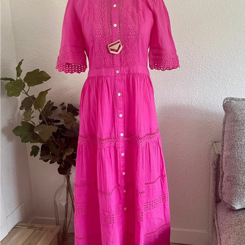 Gap Pink Eyelet Lace Button-Front Midi Dress w/ Slip - Size Small - Picture 8 of 8
